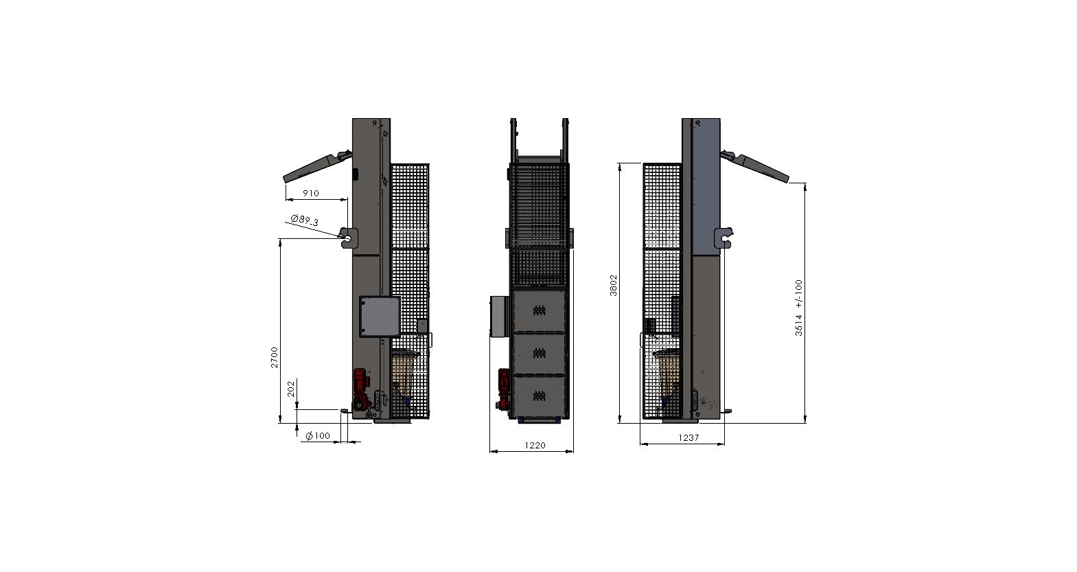Drawing of CDM Bin Lift/Tipper showing overall dimensions